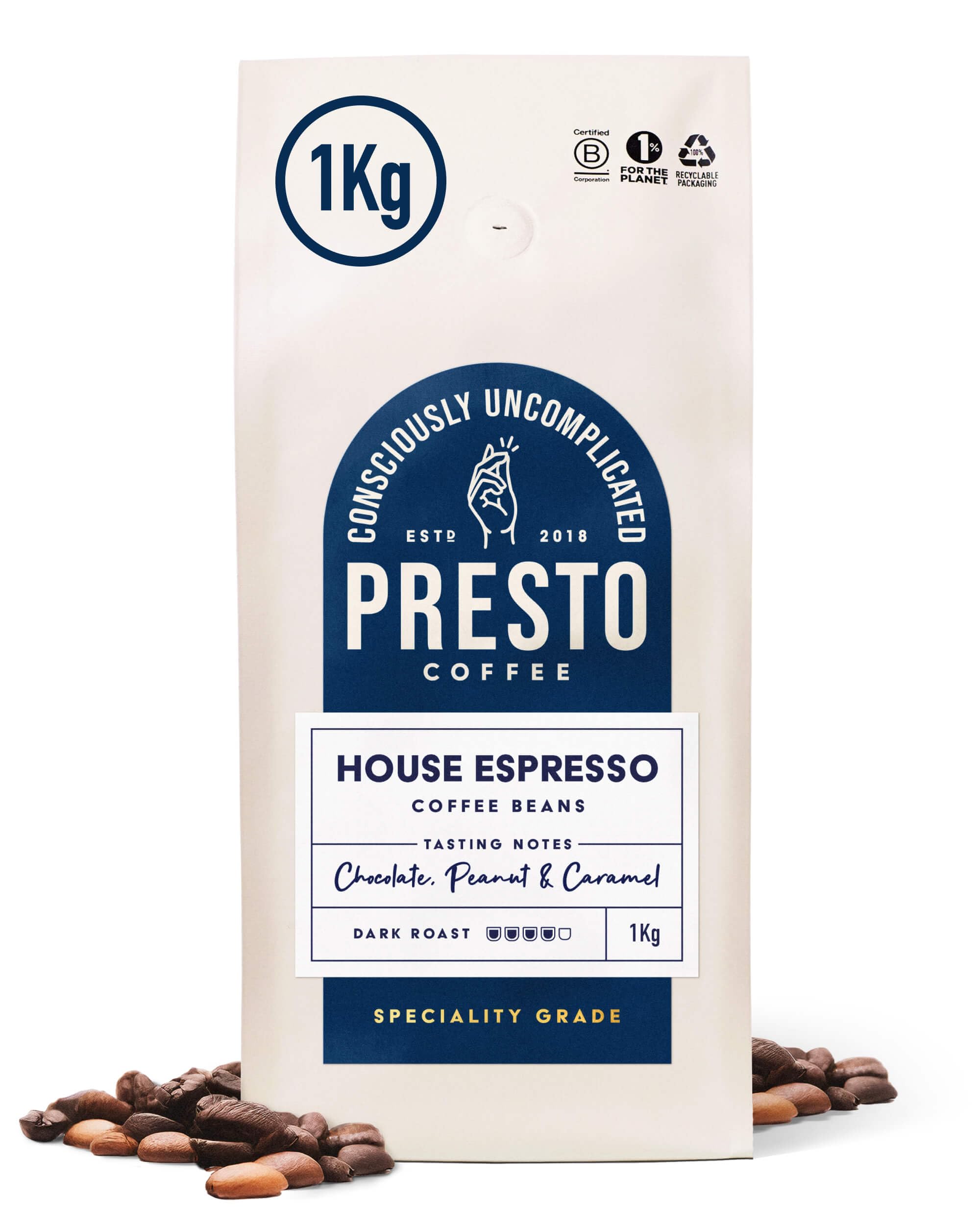 Presto Coffee House Espresso Beans 1kg Dark Roast Chocolate Almond Notes Rainforest Alliance Certified Arabica Fully Rec