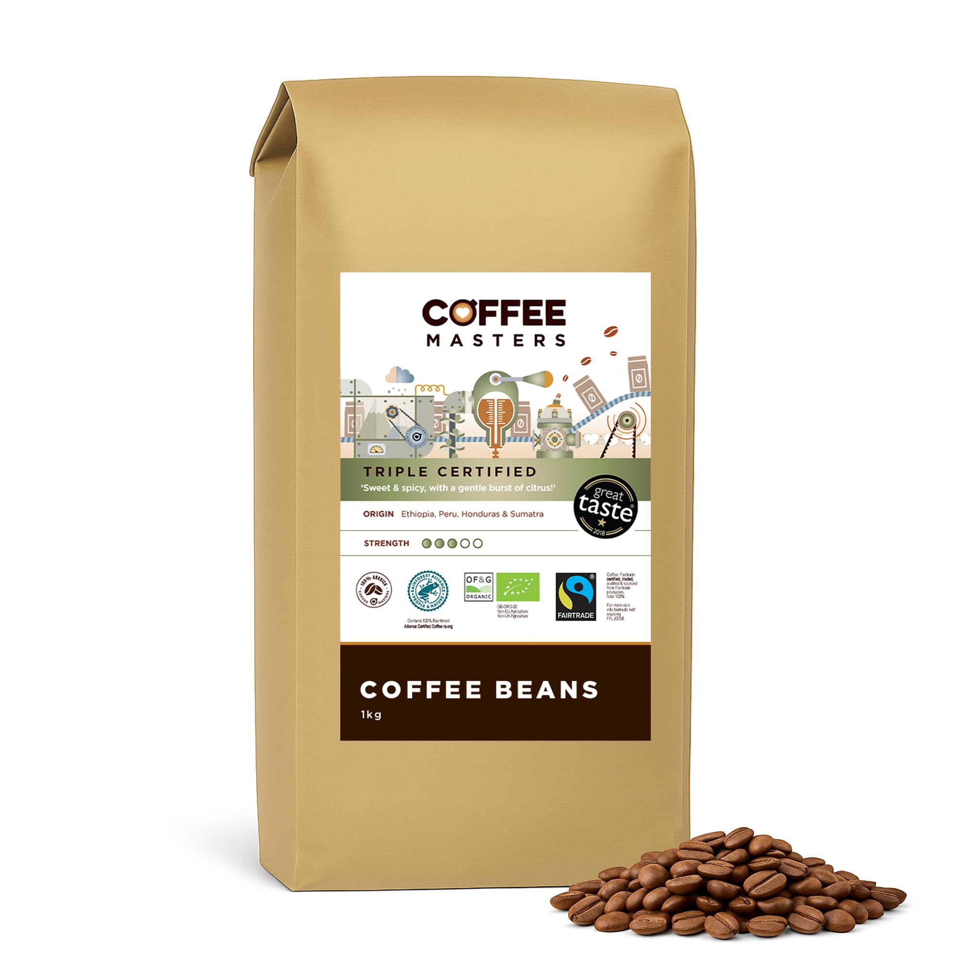 Coffee Masters Triple Certified Arabica Coffee Beans - Fairtrade, Organic, Medium Roast - Perfect for Espresso Machines 